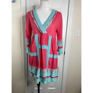 Velzera Womens SassyBo Boho Dress Size Medium Faux Wrap Pink/Blue Gypsie NWT